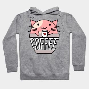 Cat in coffee cup with warped text holding coffee cup with heart pink and white Hoodie